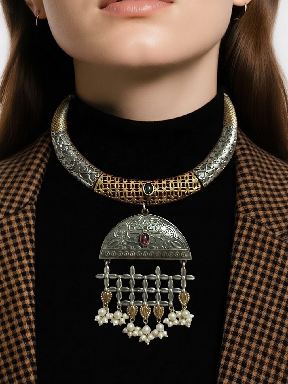 Statement Two-Tone Silver and Gold Collar Necklace with Pendant